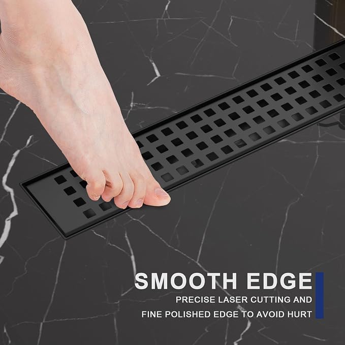 Linear Shower Drain | 12 Inch AISI 304 Stainless Steel Shower Drain, Matte Black Linear Drain with Removable Quadrato Grate Cover & Adjustable Feet, Rectangle Floor Drain, in Bathroom Balcony etc