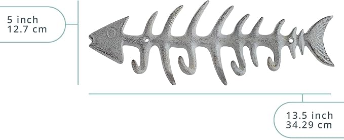 Comfify Antique White Fish Bones Cast Iron Wall Hook Rack – 4 Hooks, Screws | Antique White; fish bones cast iron; 9.05"L x 3.34"H; 4 hooks; screws & anchors included; coastal decor
