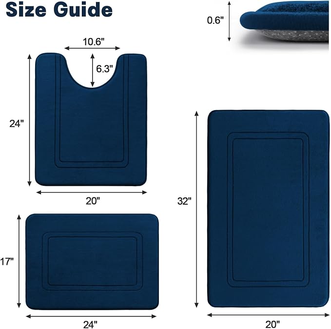 YIHOUSE Memory Foam Bath Mat Set, Non Slip Bath Mats, Super Soft and Water Absorbent, Machine Washable U Shape Toilet Mats, Dark Blue