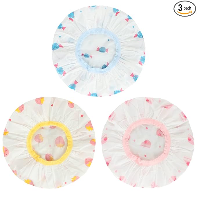 Waterproof Shower Caps, 3 Pcs Plastic Reusable Shower Caps Elastic Band Bath Caps for Women, Kids (Food) | Non-Slip Elastic Band, for Shower, Spa, Travel, Makeup, Cooking, Hair Care