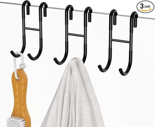Over Shower Glass Door Hook, 304 Stainless Steel Rack Hooks, Frameless Bathroom Hanger Drilling-Free, Glue-Free Towel Hooks, 3 Pack, Black Shower Squeegee Hooks, for 0.47inch(12mm) Thickness Glass