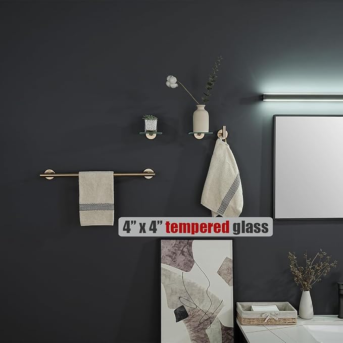 JQK Small Floating Glass Shelves Champagne Bronze, 4 Inch Display Ledges for Wall, Mini Decor, Living Room Bedroom Bathroom, Tempered Glass Shower Storage, 2 Pack, TGS101L4-CB-P2