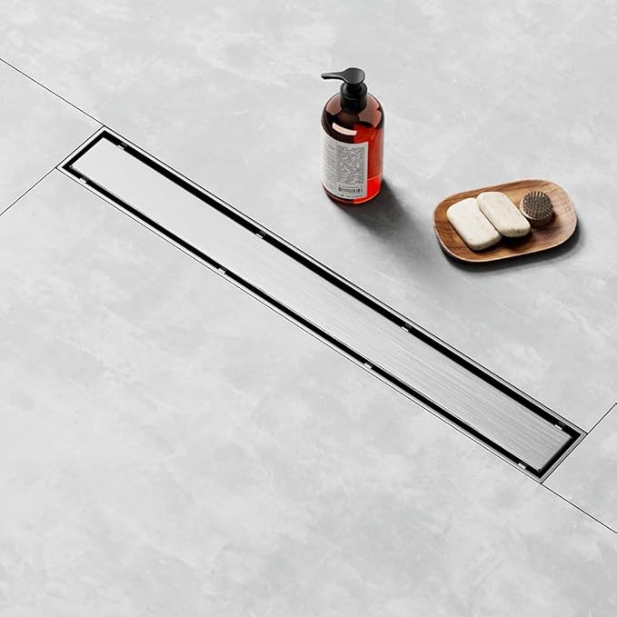 Linear Shower Drain 24 Inch, Shower Drain with 2-in-1 Tile Insert Panel, Brushed AISI 304 Stainless Steel Linear Drain for Fast Drainage, Floor Drain for Bathroom, Kitchen, Garage & More