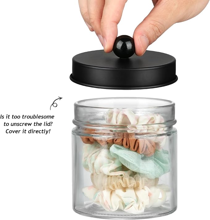 SheeChung Glass Mason Jar Qtip Holder, Black Stainless Steel Lids, 2 Pack | Clear Apothecary Jar Canisters Set,Bathroom Jar Dispenser,Vanity Storage Organizer for Cotton Swab,Ball,Floss,Farmhouse Decor