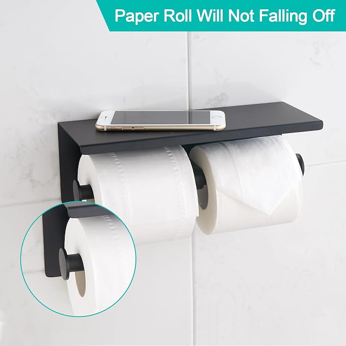 BGL Toilet Paper Holder with Shelf Matte Black, 304 Stainless Steel Wall Mount Toilet Tissue Roll Holder with Double Post for Bathroom, Commercial Toilet Paper Dispenser with Phone Shelf