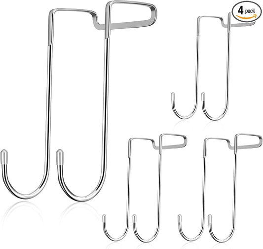 Tinfol 4 Pack Over The Door Hooks, Heavy Duty Stainless Steel Adjustable Double Hangers for Kitchen, Bathroom, Wardrobe, Office (Silver)