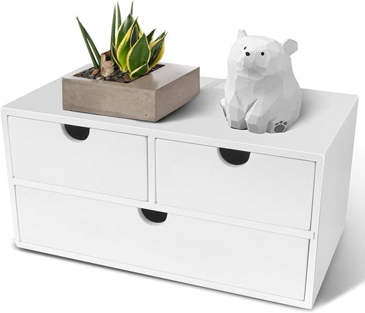 Charmewooden Bamboo Desk Organizer with 3 Drawers, Countertop Organizer with Drawers Makeup Storage Drawer 3 Drawer Tabletop Storage Organization Box Home Office Workspace（White）