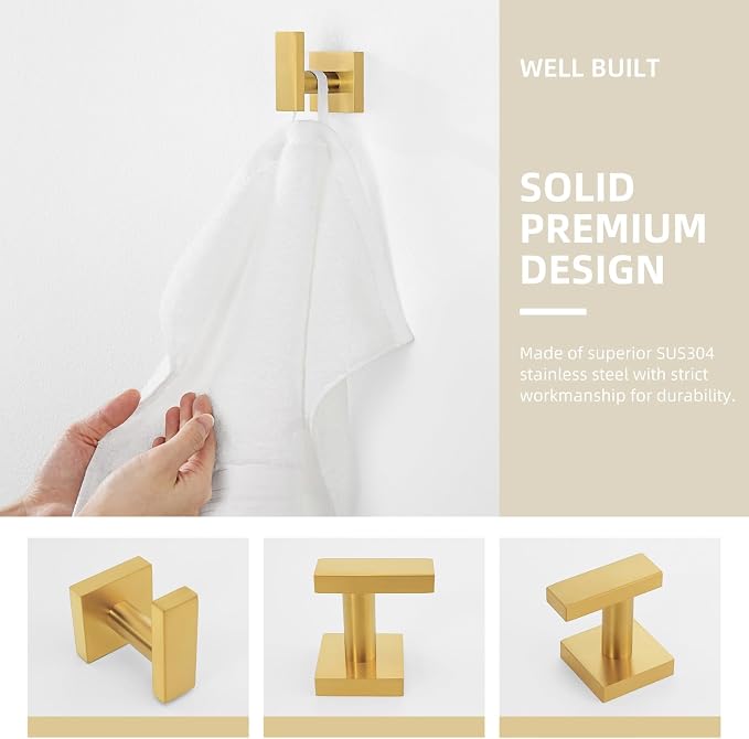 Angle Simple Towel Hook for Bathroom, SUS304 Stainless Steel Robe Coat Hook for Wall, Hand Towel Holder, Brushed Dark Gold