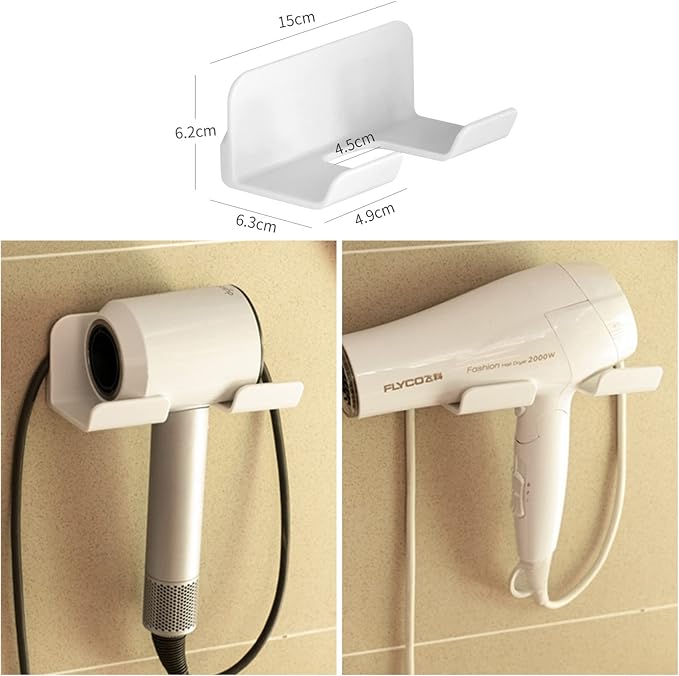 Hair Dryer Holder with Wire Hook, Self Adhesive Wall Mount | Universal storage rack fits most brand blow dryers, ideal for bathroom organization