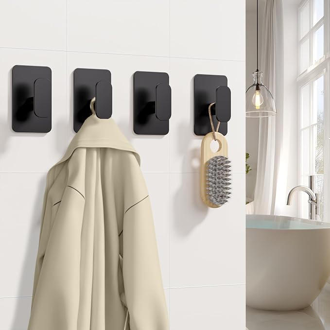 Large Heavy Duty Wall Hooks - 26lb Max, Stainless Steel Adhesive Towel Hooks for Hanging Towel, Coat, Robe, Hat, Sticky Towel Holder for Wall Mount in Bathroom, Shower, Kitchen (Black, 2 Pack)