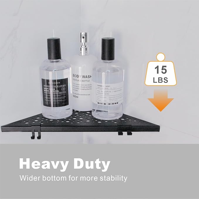WELLUP Corner Shower Shelf with 4 Hooks,10 Inch 304 Stainless Steel Recessed Bathroom Shelves,No-Drilling Installation for Tiled Wall,Matte Black, 2-Pack