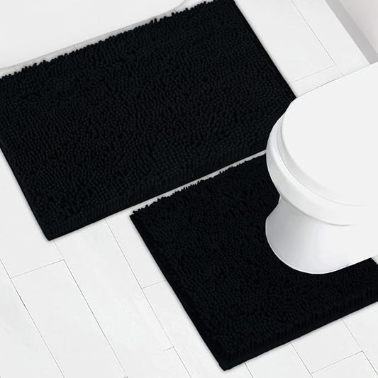 Bathroom Rugs Chenille Bath mat 2 Piece Set, Super Absorbent, Strong PVC Non Slip Backing, Bath mats for Bathroom, Plush Shaggy, Thick, Machine Washable, Bathtub, Shower, Toilet.(Black)