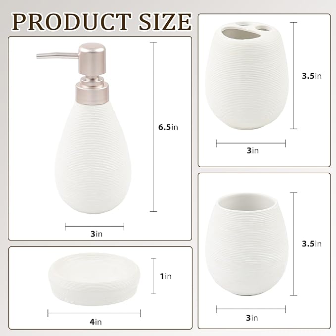 CERBIOR Bathroom Accessories Set,4 PCS Ceramic Bath Accessory,White | Includes Toothbrush Holder, Toothbrush Cup, Soap Dish for Decorative Countertop and Housewarming Gift