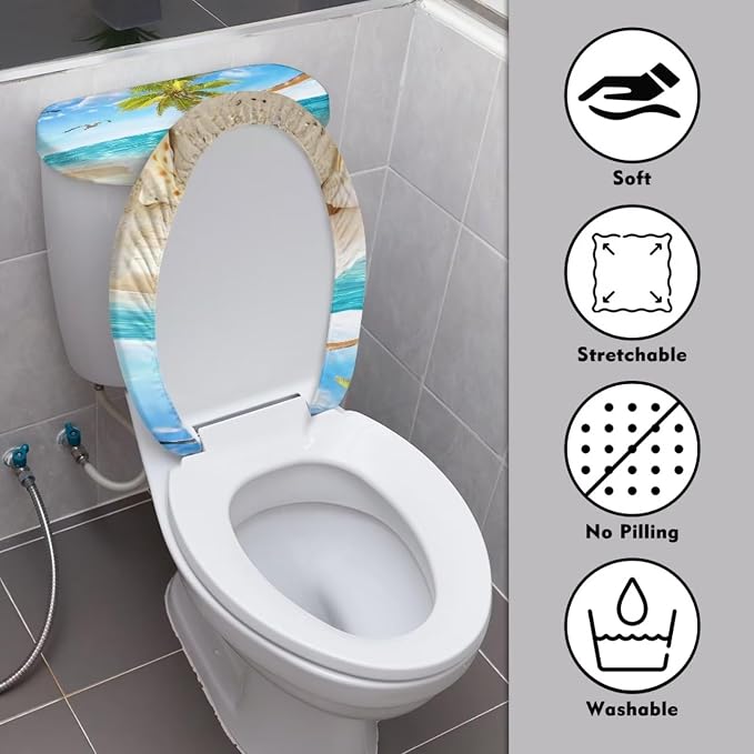 Beach Starfish Toilet Lid Cover Set of 2 Pieces,Blue Sky Pint Toilet Seat Covers with Elastic Edges Washable Set Portable Replacement