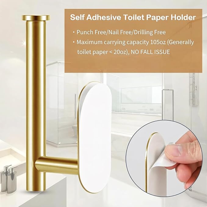 JOPOFI Self Adhesive Toilet Paper Holder - Brushed Gold（2 Pcs） | Toilet Paper Holder Wall Mount for Bathroom,Stainless Steel Command Strip Toilet Paper Roll Holder Stick On Wall,No Drilling