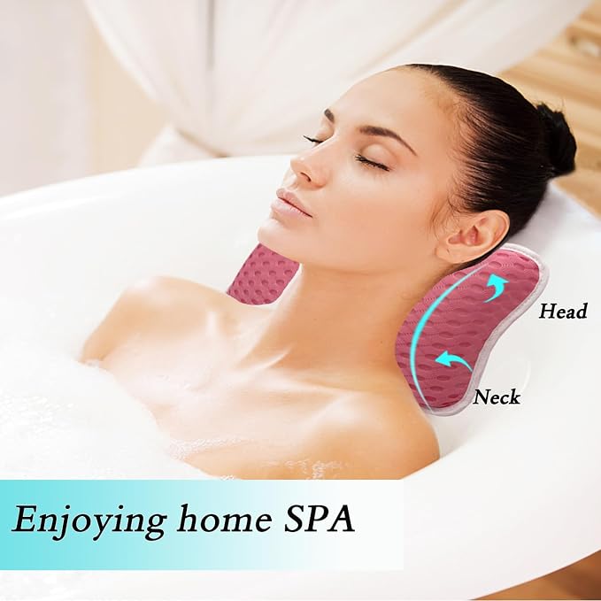 Bath Pillows for tub,Home Spa Pillows for Bathtub, Hot Tub,Head and Neck Support with 2 Strong Suction Cups,Pink