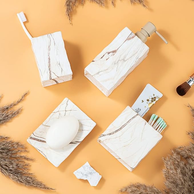 RQYIXI Ceramic 4-Piece Bathroom Accessories Set, Brown, Marble Design | marble look ceramic square design unique veining pattern modern countertop organization