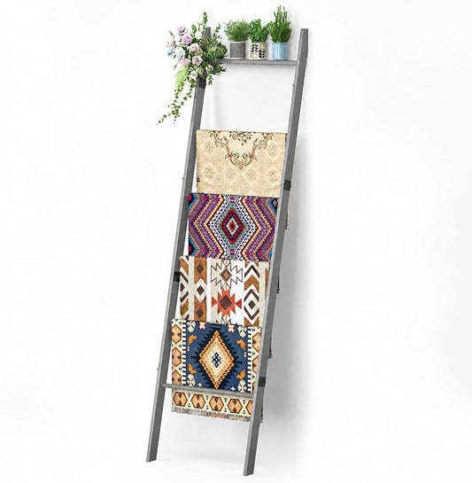 BAMBANG 6-Tier Blanket Ladder for Living Room, Blanket Quilt Ladder Rack Rustic Decorative Towel Holder, Wall Leaning Blanket Ladder Shelf Storage Farmhouse Decor for Bedroom Bathroom, Gray