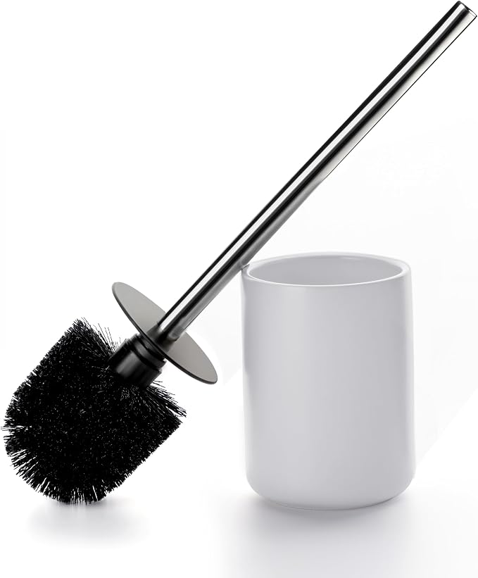 Ceramic Toilet Brush and Holder Set, Toilet Bowl Cleaner Brush | Freestanding Deep-Cleaning, Stainless Steel Handle, Small & Sturdy for Storage, Easy to Clean, Non-Scratching