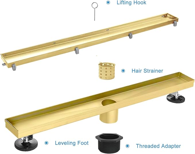 Linear Shower Drain, 24 inch Gold Drain with Tile Insert 2-in-1 Panel, Brushed 304 Stainless Steel Gold Shower Floor Drain, Linear Drain with Hair Strainer and Adjustable Feet