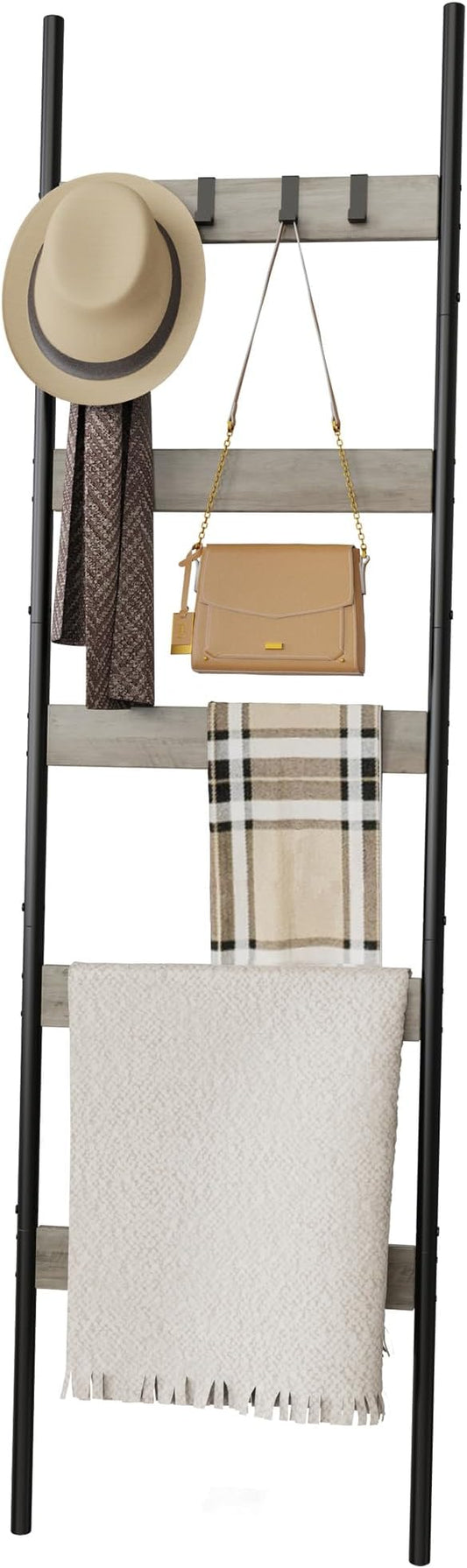 Blanket Ladder, 5-Tier Towel Holder with 4 Removable Hooks, Farmhouse Wall Leaning Decorative Rack Shelf, Wooden Towel Display Rack, Quilt Ladder for Living Room, Bedroom, Greige