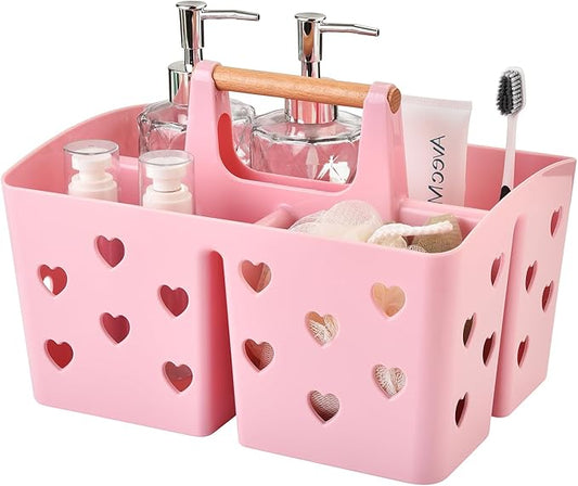Pink Portable Shower Caddy with Wooden Handle, Plastic Shower Basket Organizer with Drainage Holes & 3 Compartments, Dorm Shower Caddy for College Students, Bathroom, Gym, Camping Toiletry Storage