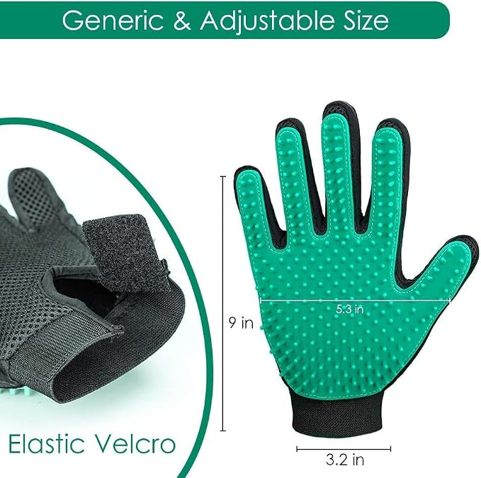 Pet Hair Removal Glove with 255 Silicone Tips for Dogs & Cats, Right Green | 2-in-1 Deshedding & Massage Mitt, 5-Finger Flexible Design, for Bathing & Grooming, Safe for Long/Short/Curly Hair Pets