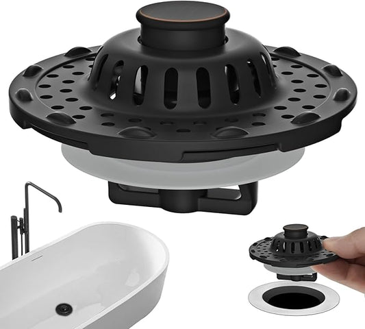 Universal Bathtub Drain Stopper Metal Top Hair Catcher, Oil Rubbed Bronze | Shower Drain Tub Stopper with Stainless Steel Visible Filter Basket, Upgraded 3 in 1 Pop-up Drain Plug for 1.5 to 2.4" Hole