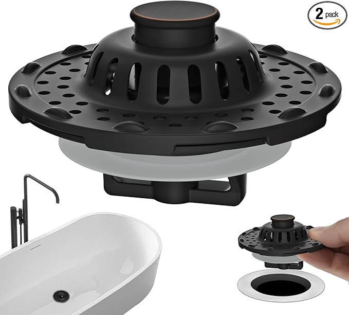 2PCS Universal Metal Bathtub Drain Stopper Hair Catcher, Oil Rubbed Bronze | Shower Drain Tub Stopper with Stainless Steel Visible Filter Basket, Upgraded 3 in 1 Pop-up Drain Plug for 1.5 to 2.4" Hole