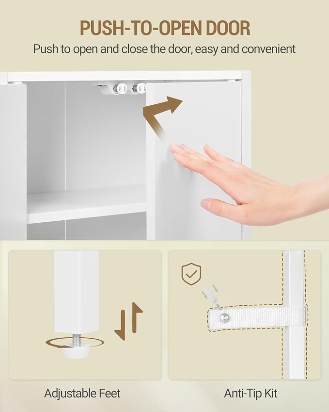 Hzuaneri Storage Bathroom Cabinet, Bathroom Floor Cabinet with Doors and Open Adjustable Shelf, Small Cabinets with Ventilated Metal Grid, Freestanding Storage Cabinets, White 7.9"D x 15"W x 35.5"H