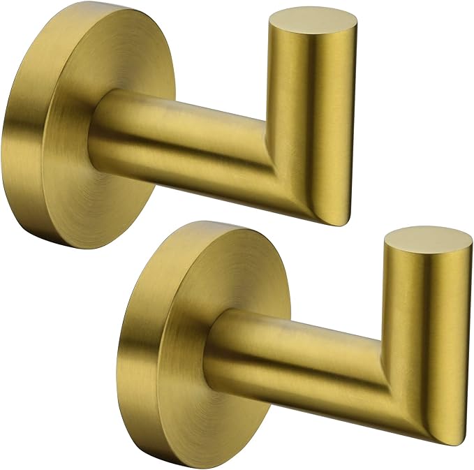 2 Pack Bath Towel Hook, Gold Robe Hook Stainless Steel Bathroom Clothes Coat Hook Wall Mounted Brushed Gold,96018-8BG.
