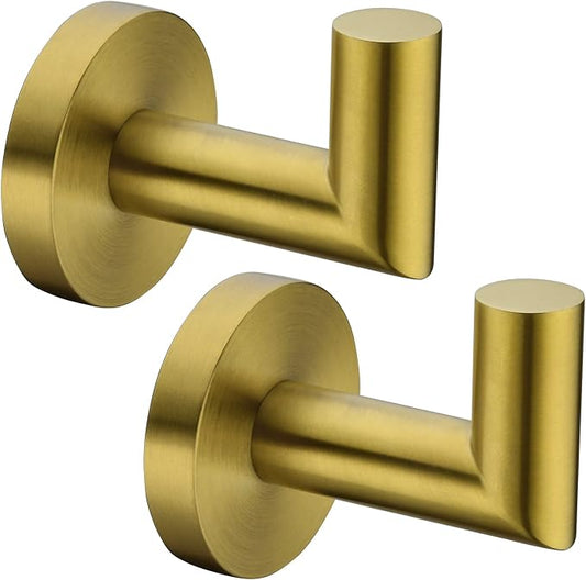 2 Pack Bath Towel Hook, Gold Robe Hook Stainless Steel Bathroom Clothes Coat Hook Wall Mounted Brushed Gold,96018-8BG.
