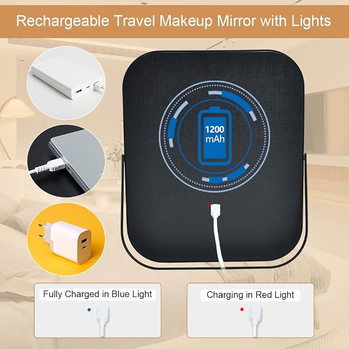 YEKKOPT Lighted Vanity Mirror, Rechargeable Travel Makeup Mirror with Lights, 10''x8'' Desk Mirror with Lights,Make up Mirror with Lighting for Makeup Desk ＆ Dressing Room