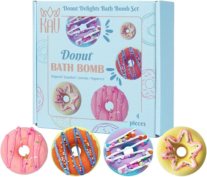KAV Donut Bath Bombs Gift Set – 4 Piece Handmade Organic Bath Bomb Kit with Essential Oils – Relaxation Spa Gift for Women, Men, Teens, Kids – Self Care & Aromatherapy Soak
