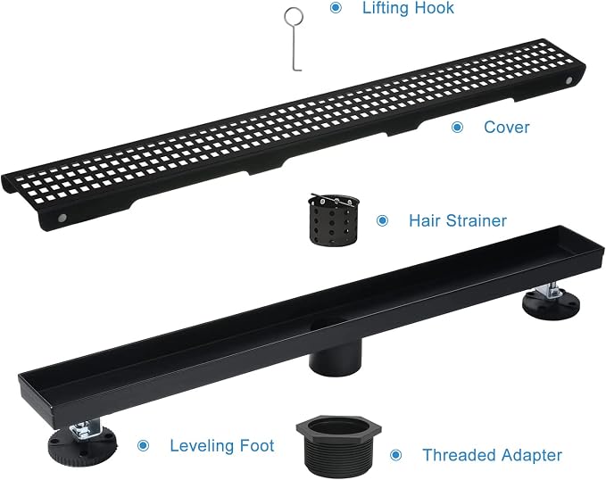 Linear Shower Drain, 36 inch Black Drain with Removable Grate Cover, Brushed 304 Stainless Steel Shower Floor Drain, Linear Drain with Hair Strainer and Adjustable Feet