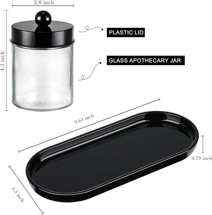 SheeChung 3 Pack Glass Apothecary Jars with Acrylic Vanity Tray | Cotton Round Holder, Countertop Guest Canister Bathroom Organizers and Storage for Cotton Swabs/Balls, Floss Picks