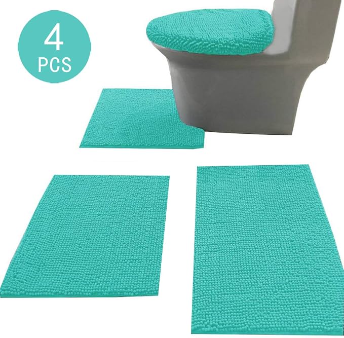 Madeals Chenille Bath Rug Set with Toilet Lid Cover and U-Shaped Toilet Floor Rug Turquoise