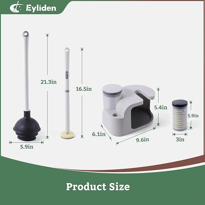 Eyliden Toilet Brush and Plunger Set, Disposable Wand Kit with 10 Refills | Pre-Soaked Concentrated Cleaner Sponge, Touch-Free, 2-in-1 Compact Holder, Powerful Suction Cup, Bathroom Cleaning System