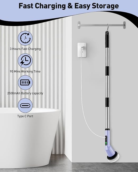 Electric Spin Scrubber for Bathroom, Shower Scrubber with Long Handle | Shower Cleaner Brushes, IPX7 Waterproof & 2 Speed, 8 Brush Heads, 90min Runtime, Bathroom Cleaning Supplies for Toilet Tub