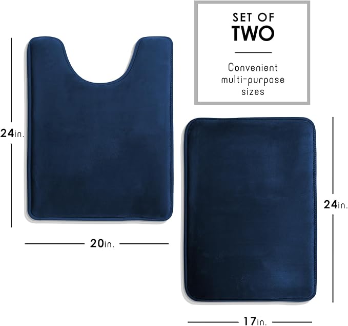 Clara Clark 2 Piece Bathroom Rugs, Velvet Memory Foam Bath Mat Set, Non-Slip Bath Rugs, Machine Wash, Dries Quickly, Ultra Soft Plush Bath Mats for Bathroom, 17 x 24 + Contour, Blue
