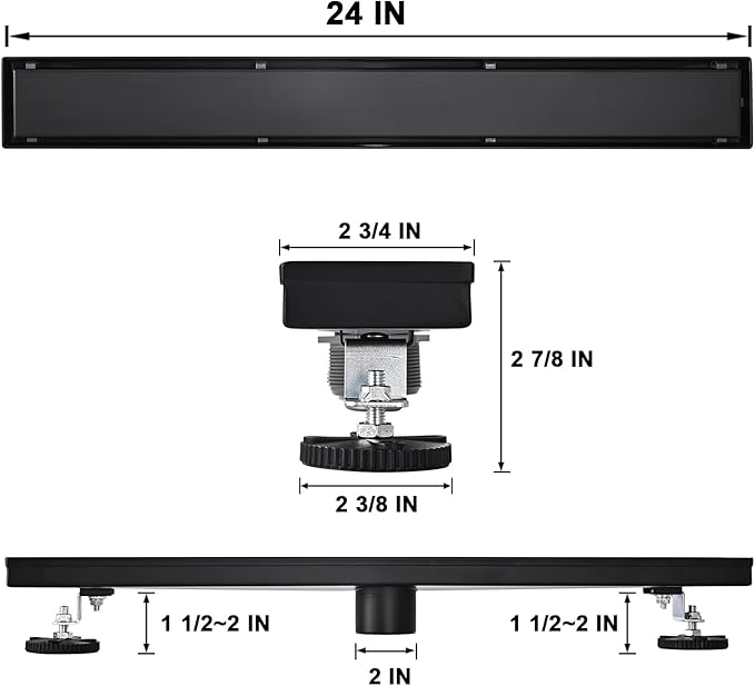 AVSIILE Linear Shower Floor Drain, Black 24 Inch 304 Stainless Steel Bathroom Drains Kit, Rectangular Shower Trench Drain with Reversable Tile-in Pattern Drain Cover & Hair Catcher