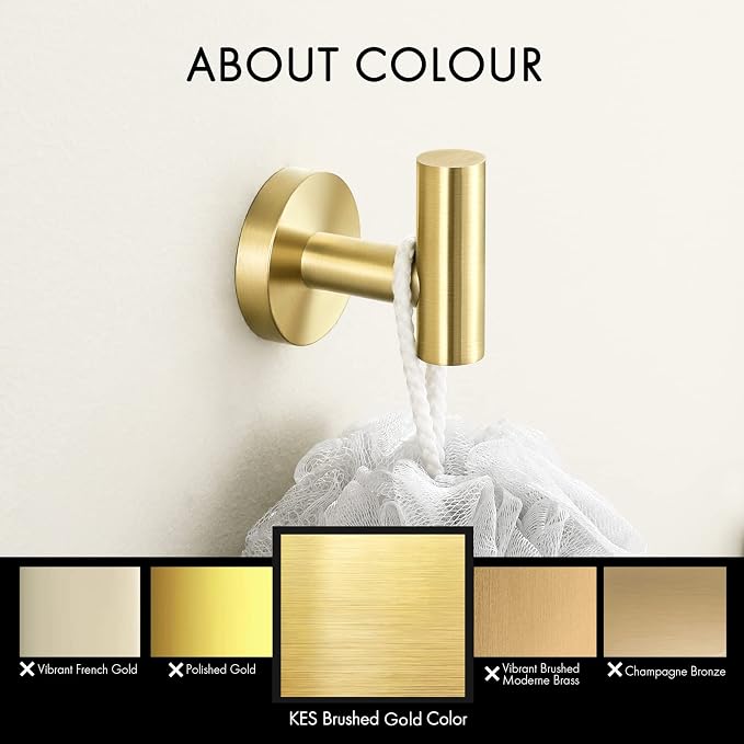 KES Wall Towel Robe Hook for Bathroom Kitchen Hanging Key Hat Coat Hooks SUS304 Stainless Steel Brushed Gold 4 Pack, A2164-BZ-P4
