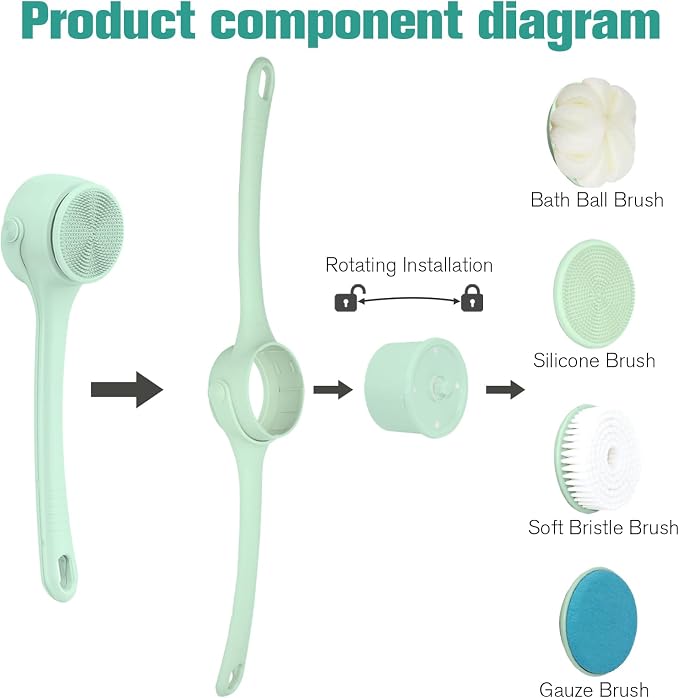 Electric Body Brush Back Scrubber for Shower, Waterproof Long Double-Handled Four-Head Electric Body Scrubber, Rechargeable Bath Brush, for Cleaning, Exfoliation and Skin Massage (Mint Green)