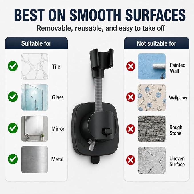 Black Shower Head Holder, Suction Cup Handheld Shower Holder, No Drill Adjustable Shower Wand Bracket with Lever Lock Removable Holder for Smooth Tile Glass Marble Metal Fits Most 1/2" Hoses