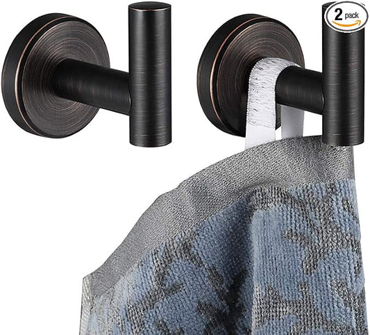 JQK Bathroom Towel Hook Oil Rubbed Bronze, 304 Stainless Steel 0.8mm Coat Robe Clothes Hook for Bathroom Kitchen Garage Wall Mounted (Pack of 2), TH100-ORB-P2
