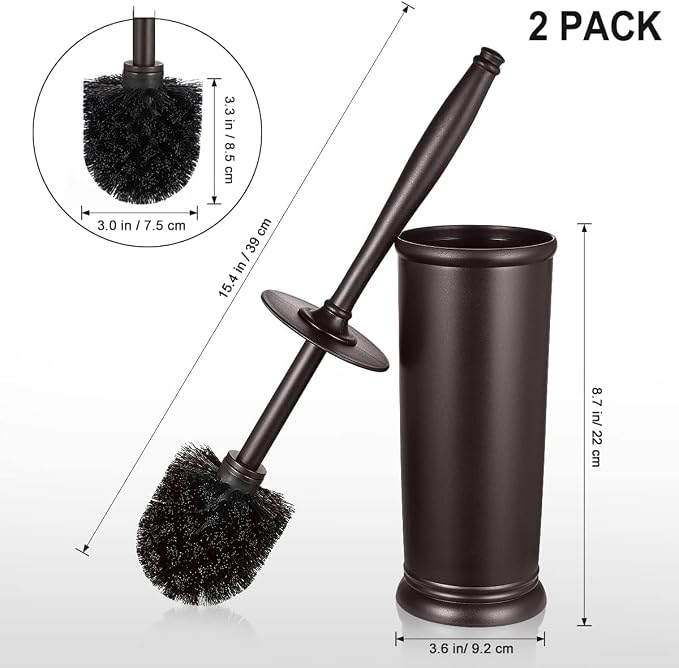 HAMITOR Toilet Bowl Brush Holder Set: Classic Round Bristle Head Deep Cleaning Cleaner Scrubber with Tall Caddy for Restroom - Home Bathroom Decor Accessories - Bronze 3 Pack