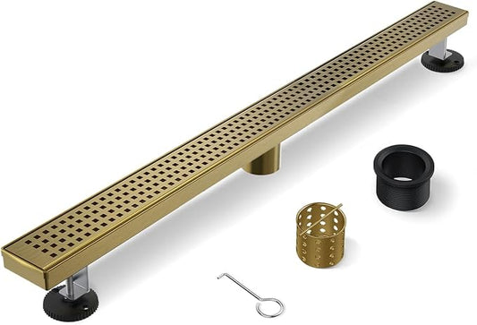 Linear Shower Drain, 60 Inch Titanium Gold Shower Drain with Removable Square Hole Cover Grate, Bathroom 304 Stainless Steel Brushed Gold Shower Floor Drain with Adjustable Feet,Hair Strainer
