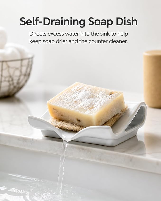Zoeeker Soap Dish for Shower, Ceramic Self-Draining Bar Soap Holder | Soap Tray with Drainage Rectangular Bar Soap Saver Sponge Holder for Bathroom, Kitchen, Sink Organizer Tray Keep Dry, White