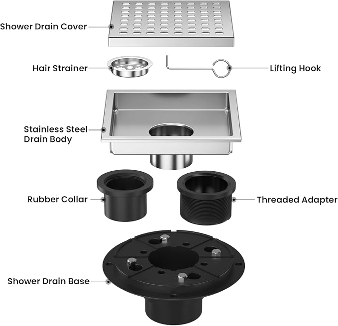 EXF 6 Inch Square Shower Drain Chrome, Stainless Steel Shower Floor Drain Kit with ABS Flange, Removable Grid Cover, Hair Strainer
