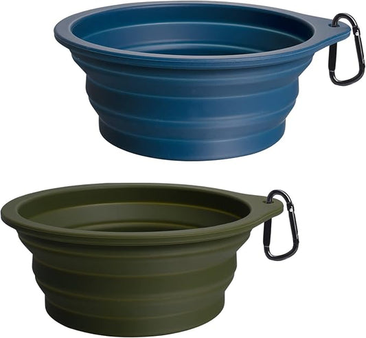 PetBonus 2-Pack Silicone Collapsible Dog Bowls, BPA Free Dishwasher Safe, Portable Foldable Expandable Travel Bowl, Food Water Feeding Cup Dish for Dogs Cats with 2 Carabiners (Army Green, Navy Blue) | 20 Oz, Silicone, Foldable Expandable Cat Feeding C...